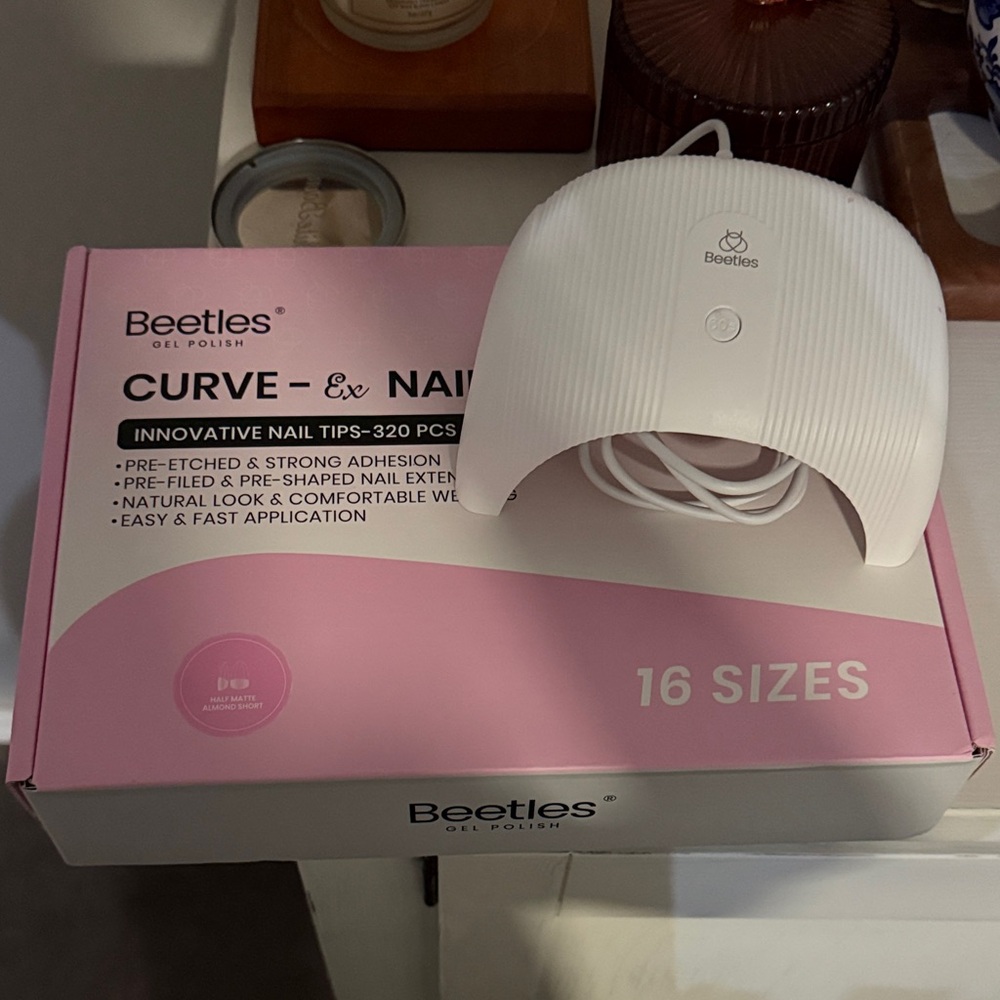 Beetles Gel Nail Kit Curve-EX, Almond Short, 16 Sizes Nail tips w/ Mini Lamp